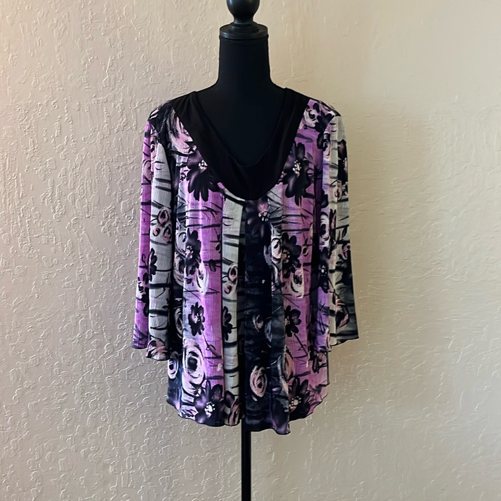 NICOLA Purple Black Floral V-Neck Blouse
